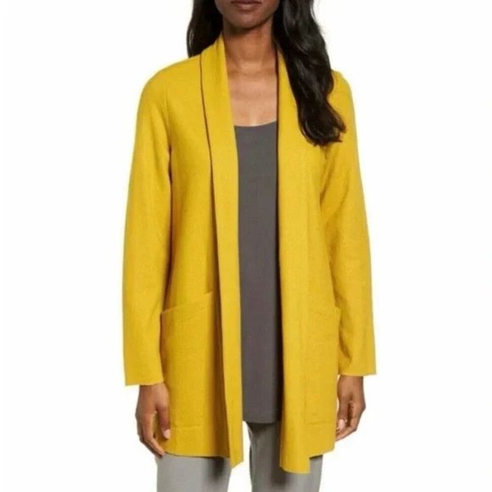 Eileen Fisher Boiled Wool Shawl Collar Jacket L Arcana Mustard Yellow Classic